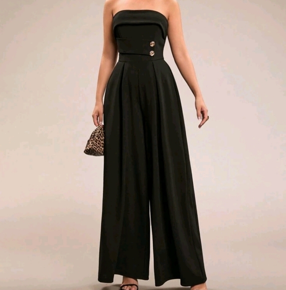 Women's Plain Black Sleeveless Jumpsuit With Metallic Button, Slim Fit Wide Leg - Picture 3 of 4
